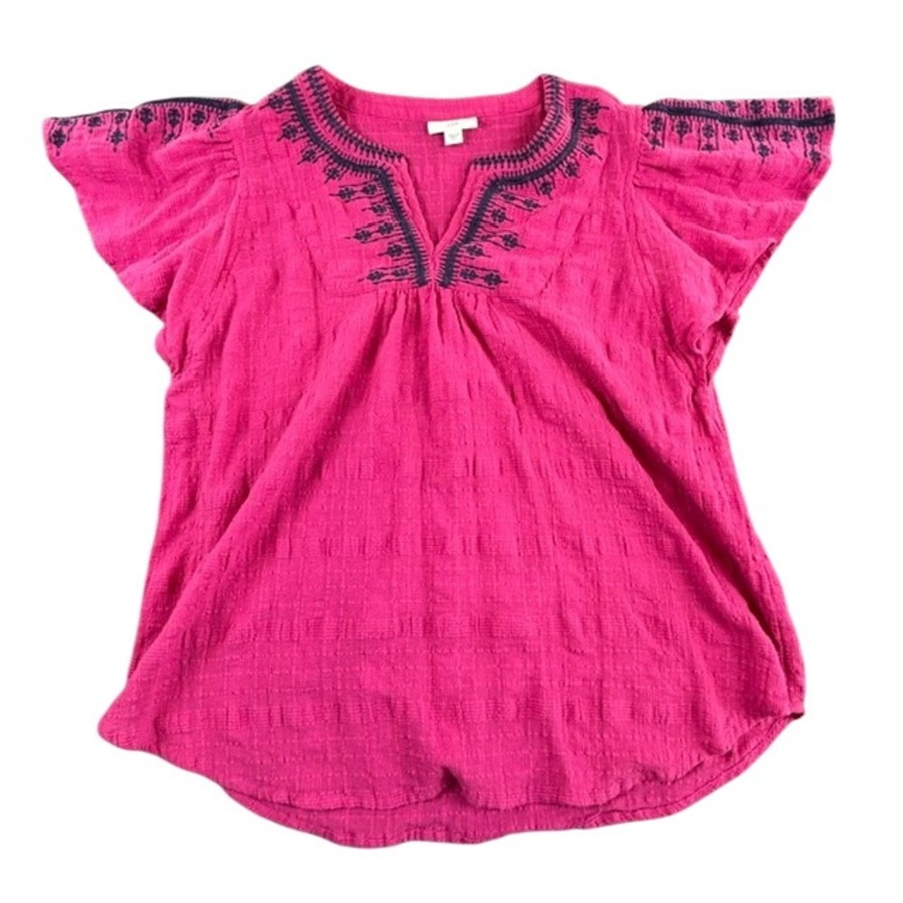 J. Jill Women's Bright Pink Blue Floral Embroidery Peasant Top Boho Blouse SM